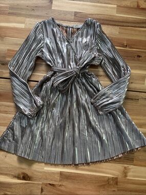 Like New Copper Key Metallic Pleated Silver/Gold Dress with Sash